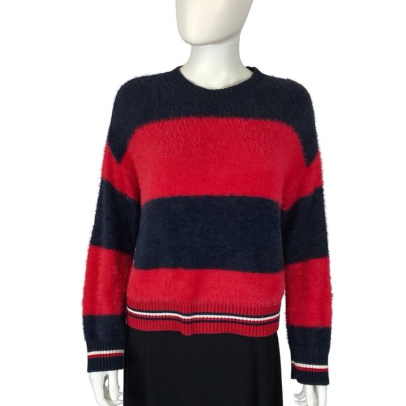 Tommy Hilfiger Fuzzy Sweater Striped Red & White Blue Women's Pullover - Picture 7 of 7